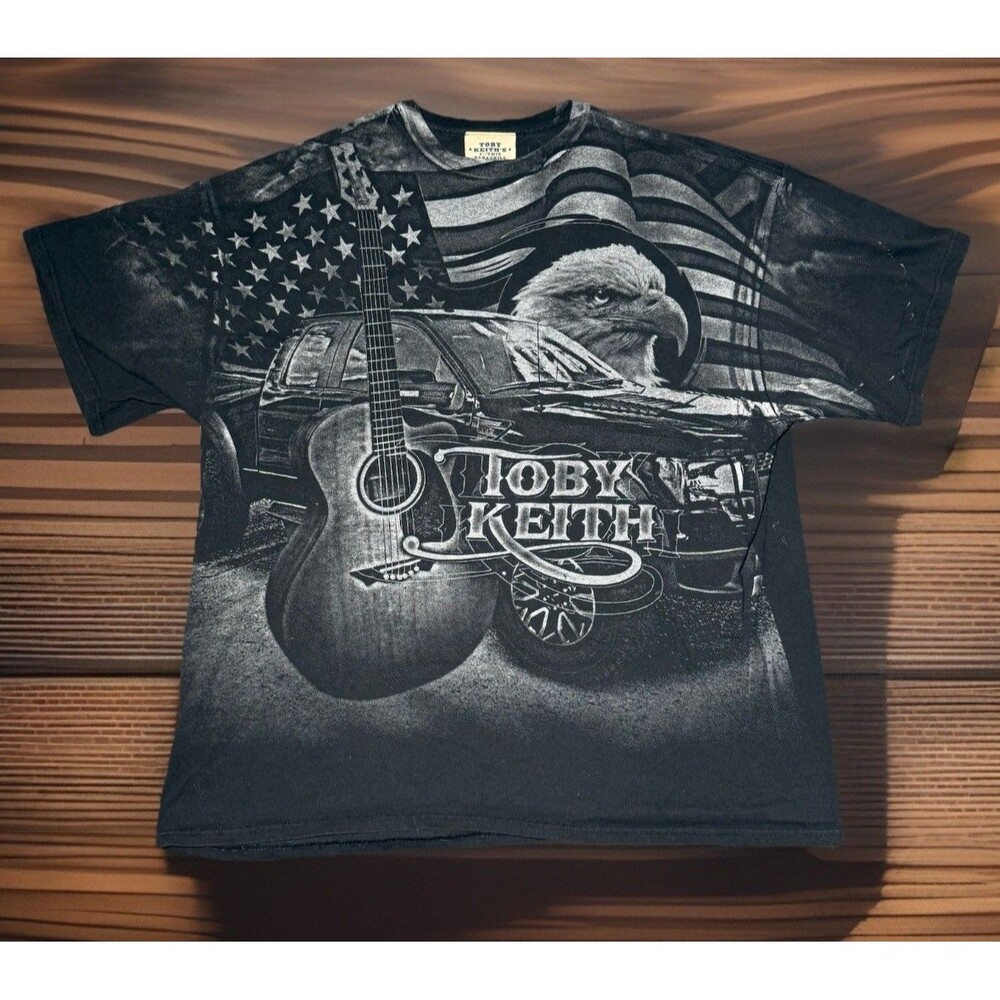 Toby Keith T-Shirt Black American Flag Eagle Guitar Country Music AOP Mens 3XL